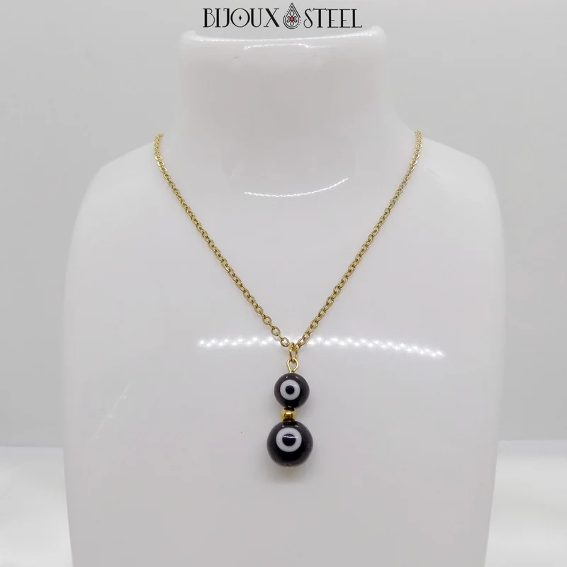 Collier à pendentif double perle mauvais oeil noir et blanc