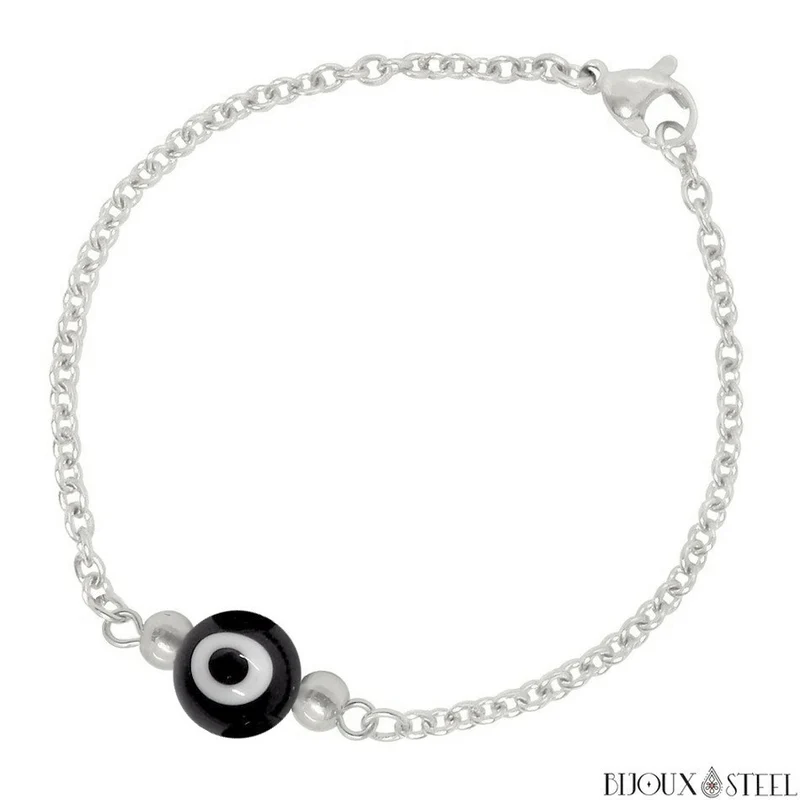 Bracelet perle mauvais oeil noir et blanc en acier inoxydable