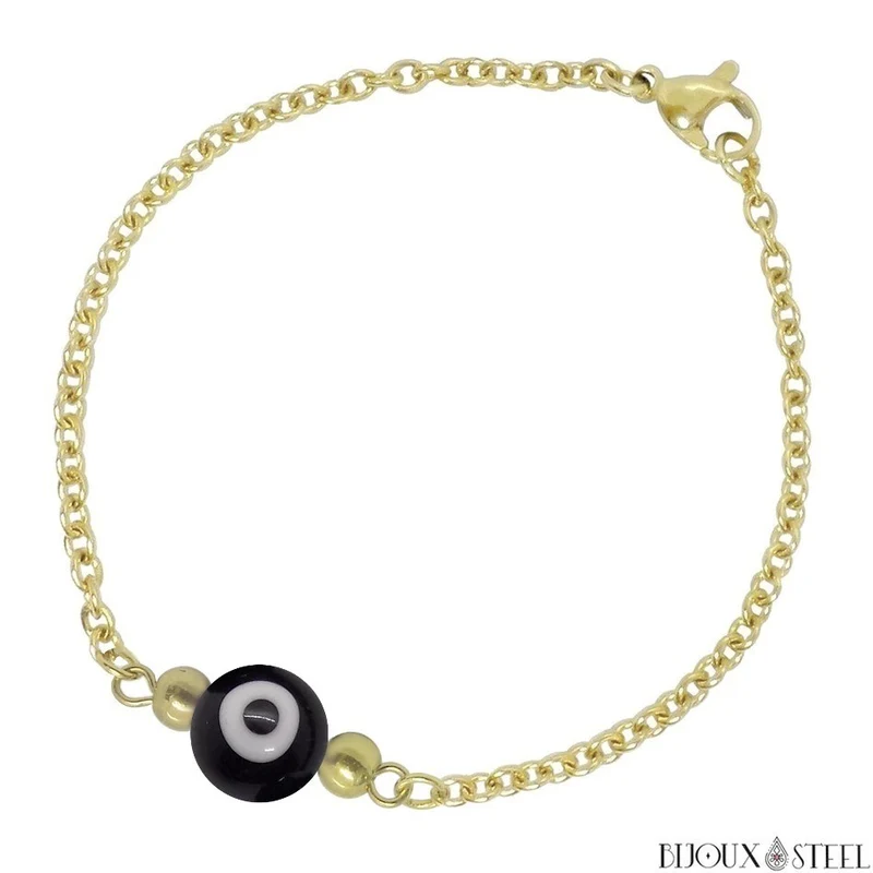 Bracelet perle mauvais oeil noir et blanc en acier inoxydable