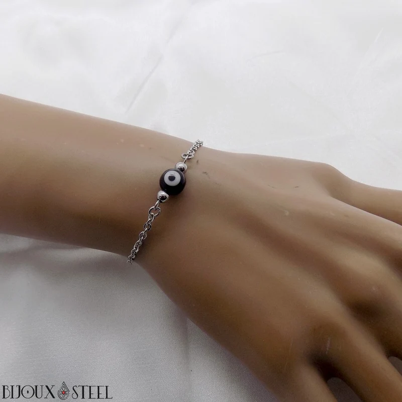 Bracelet perle mauvais oeil noir et blanc en acier inoxydable