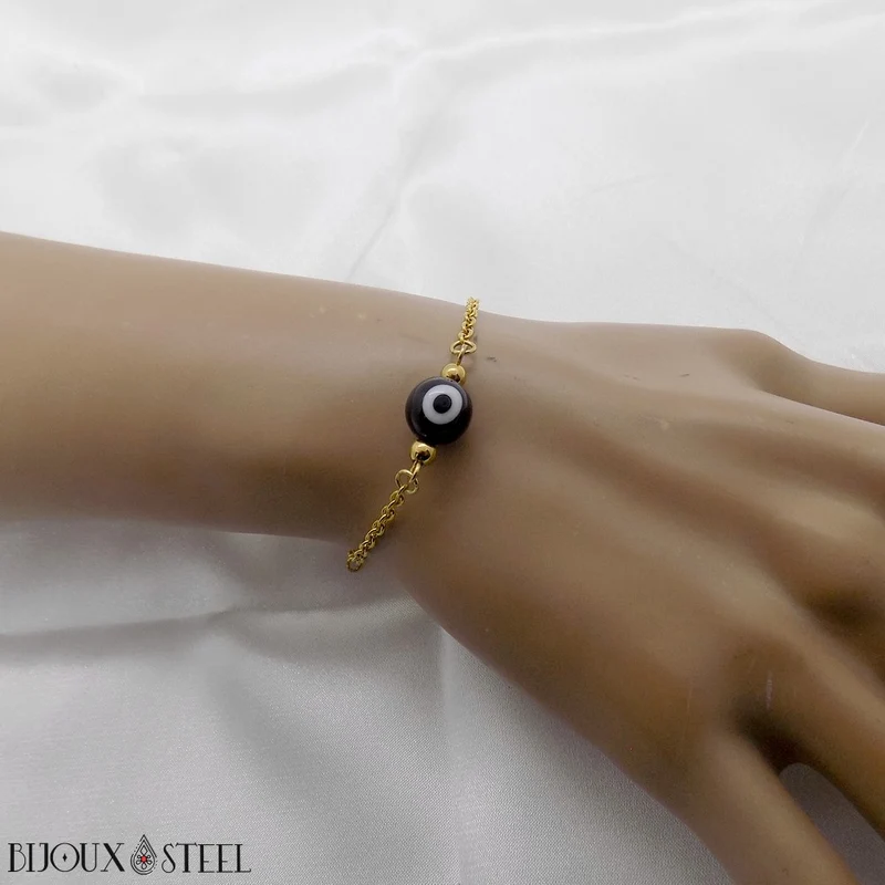 Bracelet perle mauvais oeil noir et blanc en acier inoxydable
