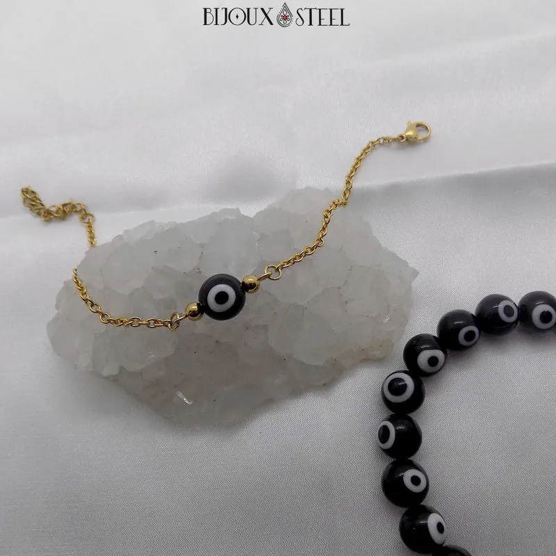 Bracelet perle mauvais oeil noir et blanc en acier inoxydable