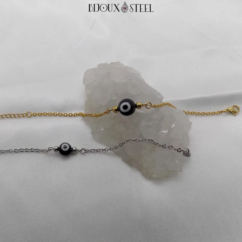 Bracelet perle mauvais oeil noir et blanc en acier inoxydable