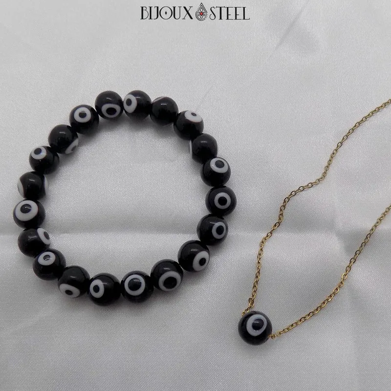 Bracelet en perles mauvais oeil noir et blanc