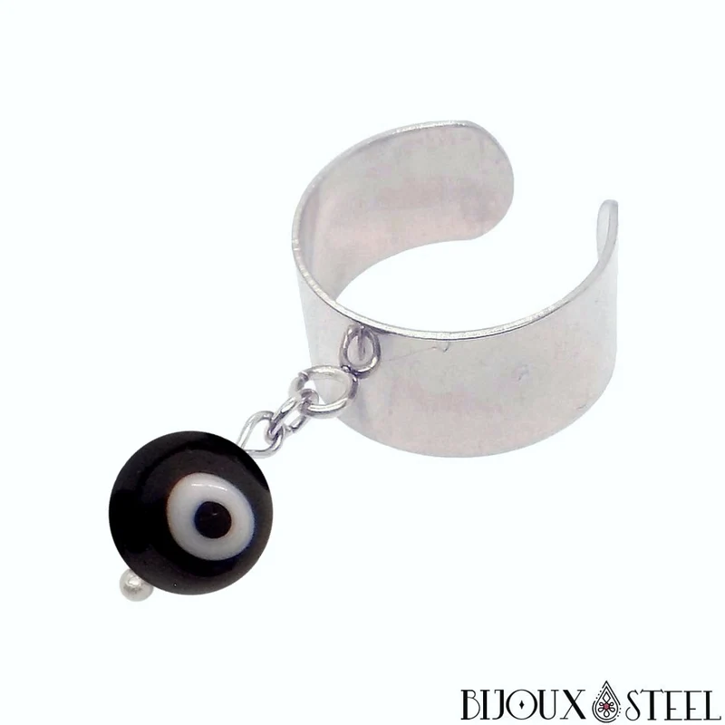 Bague large ajustable à perle mauvais oeil noir et blanc en acier inoxydable