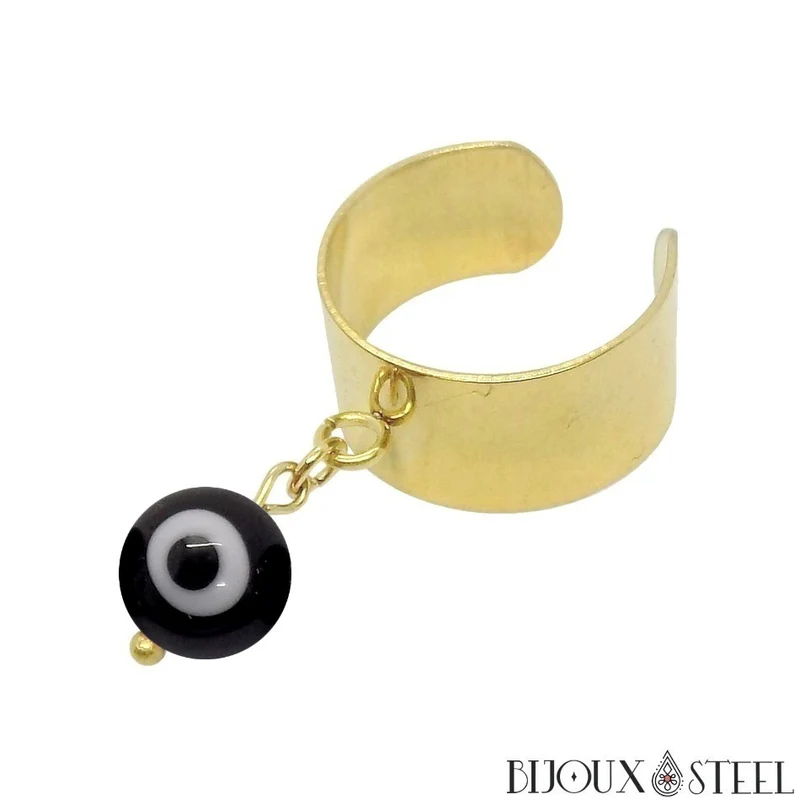 Bague large ajustable à perle mauvais oeil noir et blanc en acier inoxydable