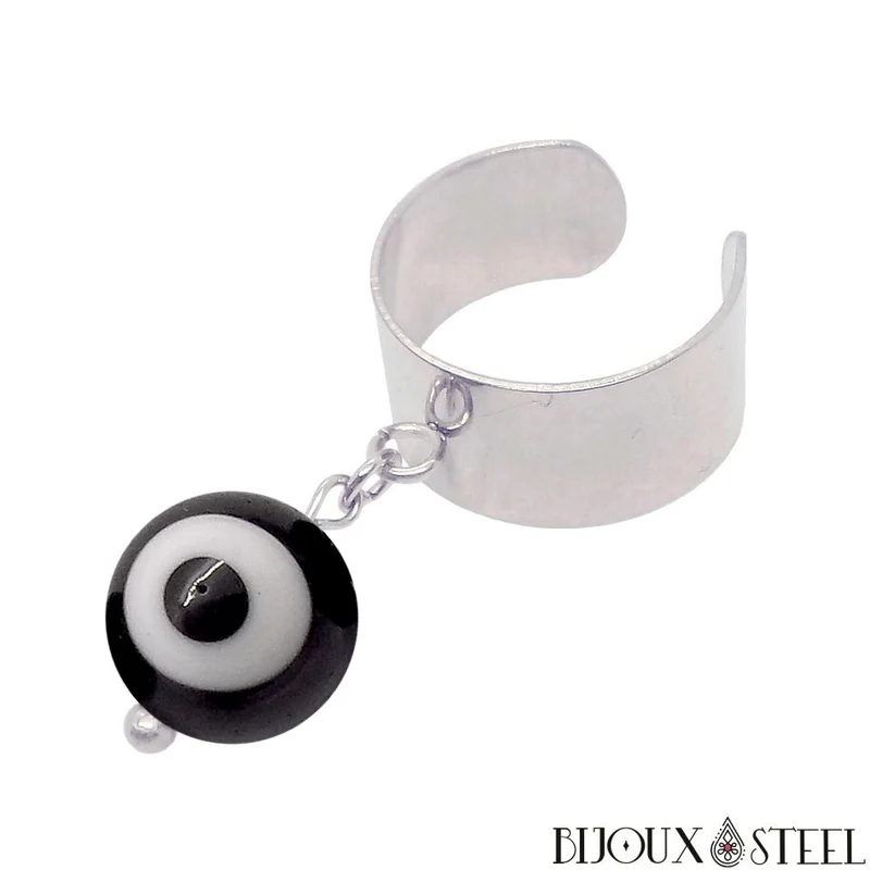 Bague large ajustable à perle mauvais oeil noir et blanc en acier inoxydable