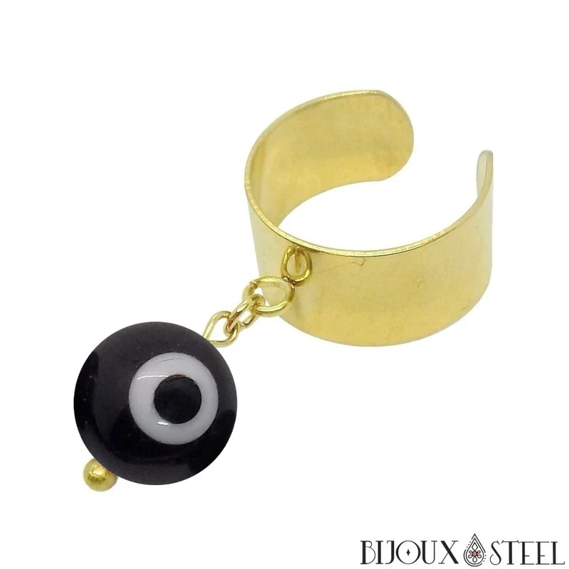 Bague large ajustable à perle mauvais oeil noir et blanc en acier inoxydable