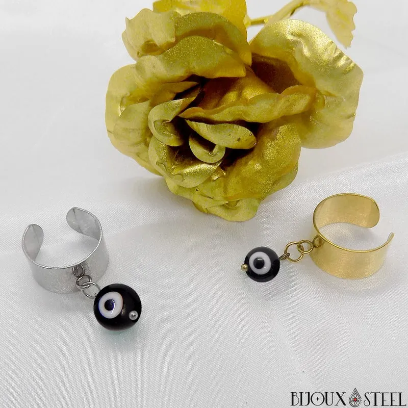 Bague large ajustable à perle mauvais oeil noir et blanc en acier inoxydable