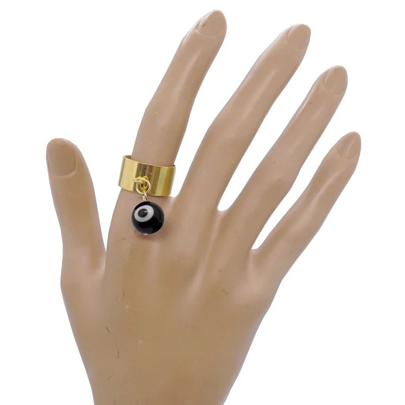 Bague large ajustable à perle mauvais oeil noir et blanc en acier inoxydable