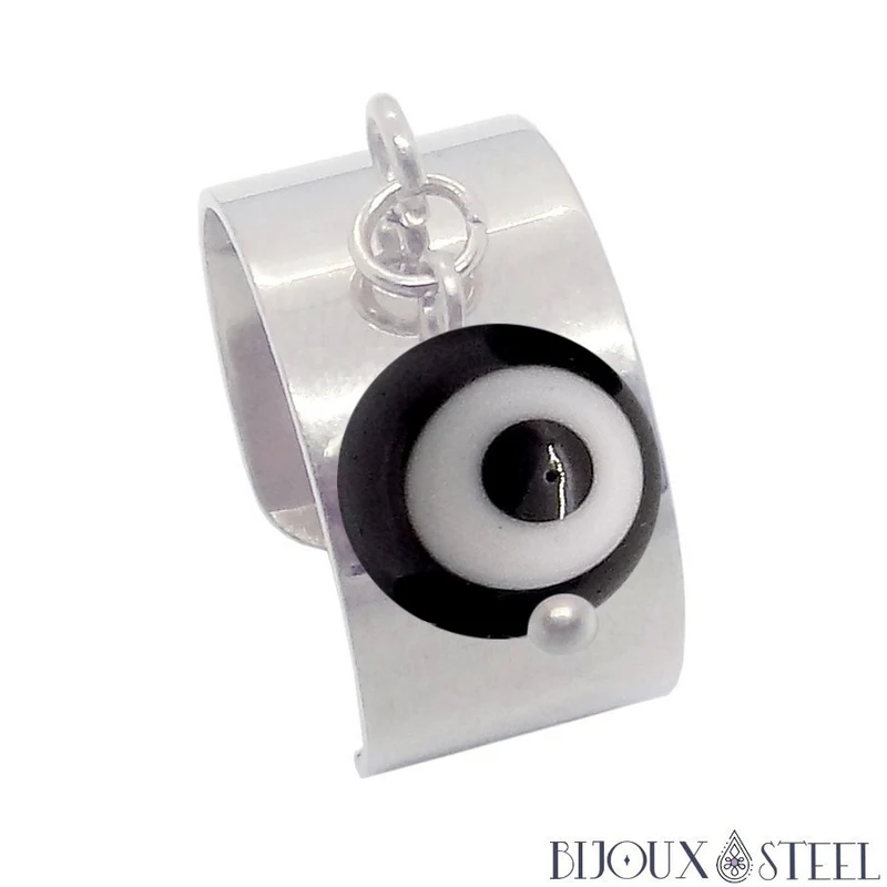 Bague large ajustable à perle mauvais oeil noir et blanc en acier inoxydable