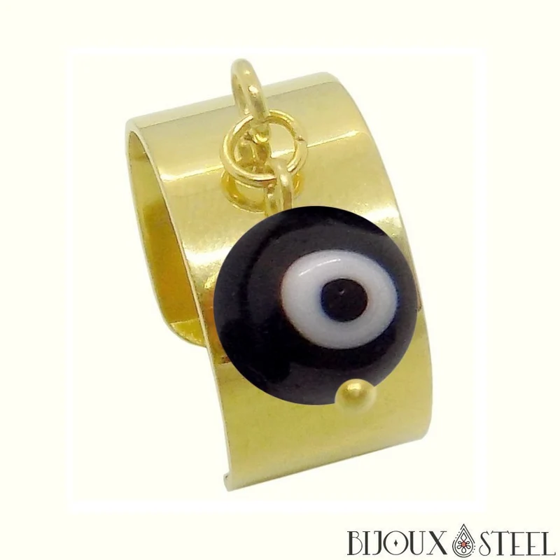 Bague large ajustable à perle mauvais oeil noir et blanc en acier inoxydable