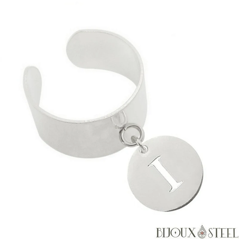 Bague large ajustable à médaille lettre personnalisable en acier inoxydable