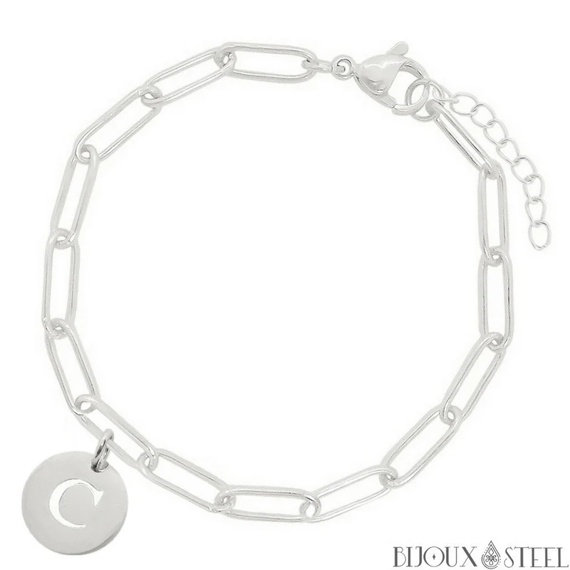 Bracelet trombone médaille ronde lettre personnalisable en acier inoxydable