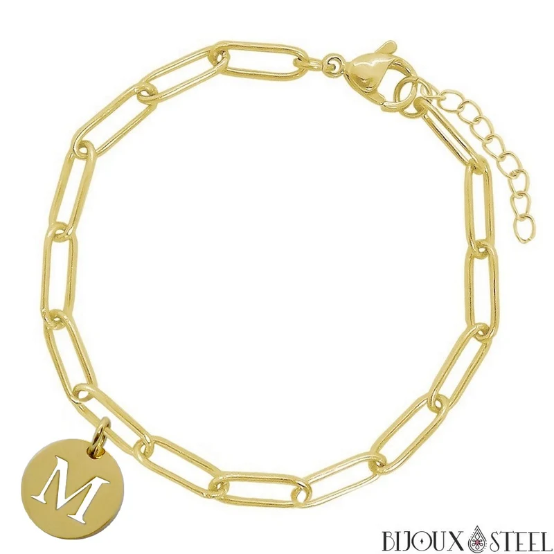 Bracelet trombone médaille ronde lettre personnalisable en acier inoxydable