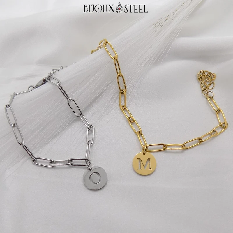 Bracelet trombone médaille ronde lettre personnalisable en acier inoxydable