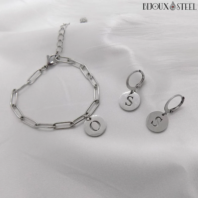 Bracelet trombone médaille ronde lettre personnalisable en acier inoxydable