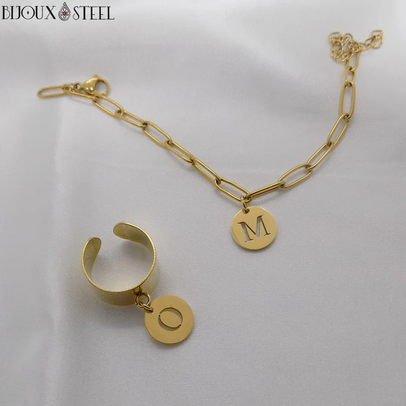 Bracelet trombone médaille ronde lettre personnalisable en acier inoxydable