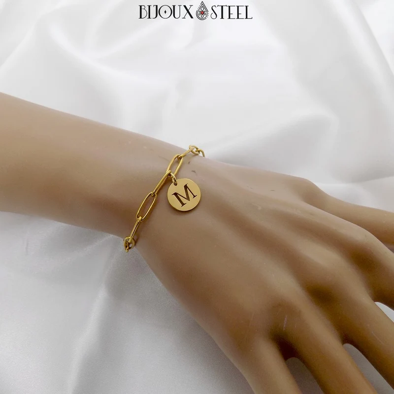 Bracelet trombone médaille ronde lettre personnalisable en acier inoxydable