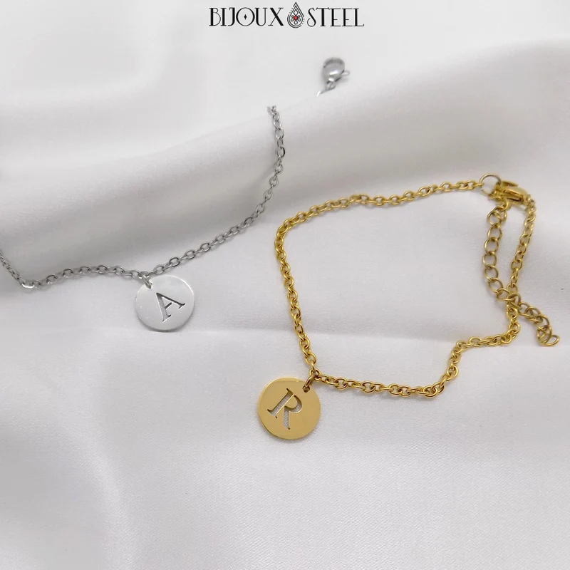 Bracelet médaille ronde lettre personnalisable en acier inoxydable