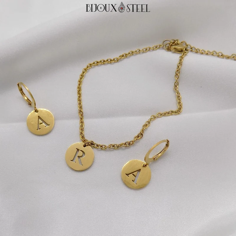 Bracelet médaille ronde lettre personnalisable en acier inoxydable