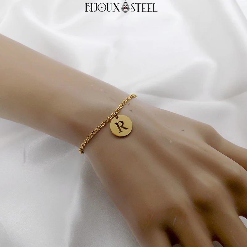 Bracelet médaille ronde lettre personnalisable en acier inoxydable