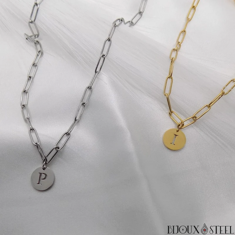 Collier trombone à médaille pendante lettre personnalisable en acier inoxydable