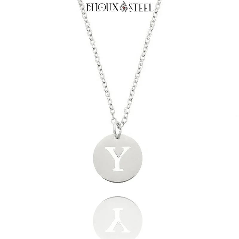 Collier médaille ronde lettre personnalisable en acier inoxydable