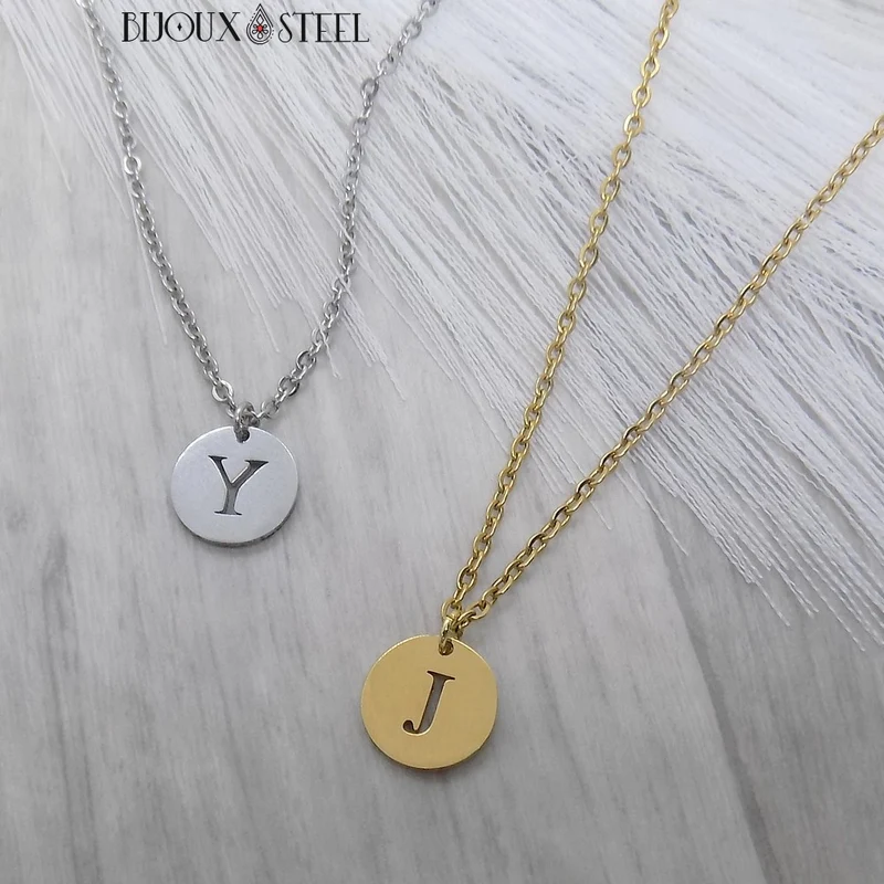 Collier médaille ronde lettre personnalisable en acier inoxydable
