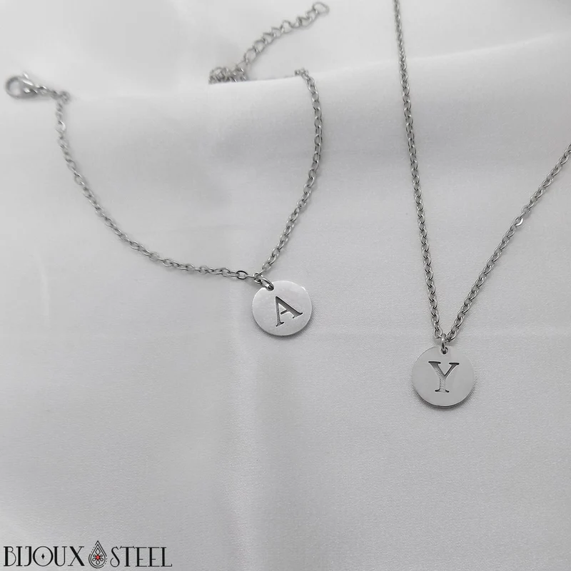 Collier médaille ronde lettre personnalisable en acier inoxydable