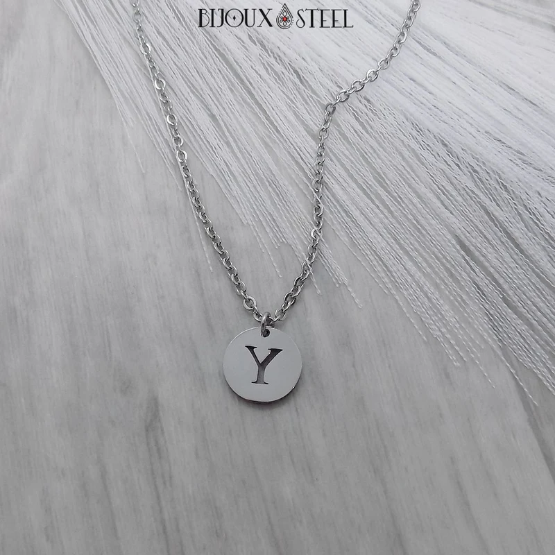Collier médaille ronde lettre personnalisable en acier inoxydable