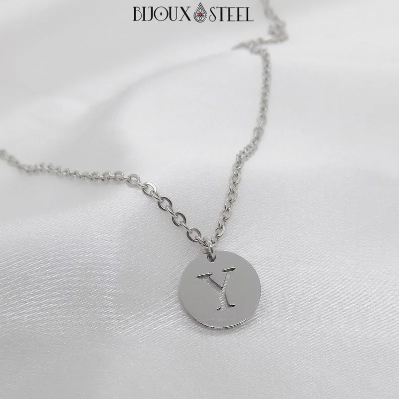 Collier médaille ronde lettre personnalisable en acier inoxydable
