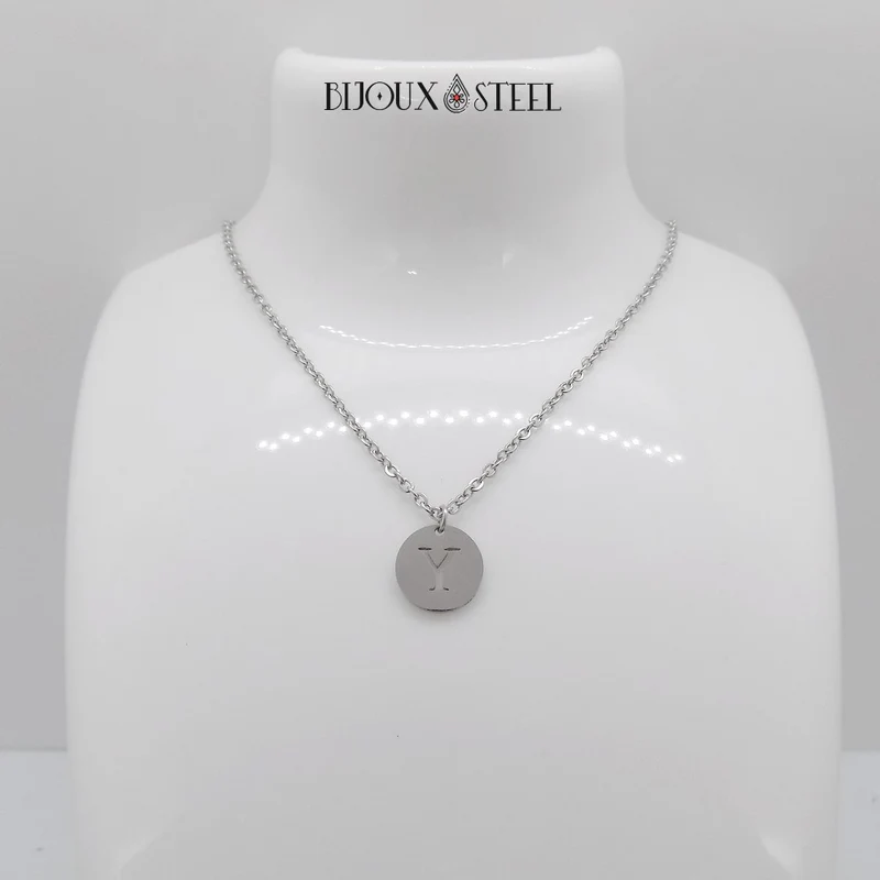 Collier médaille ronde lettre personnalisable en acier inoxydable