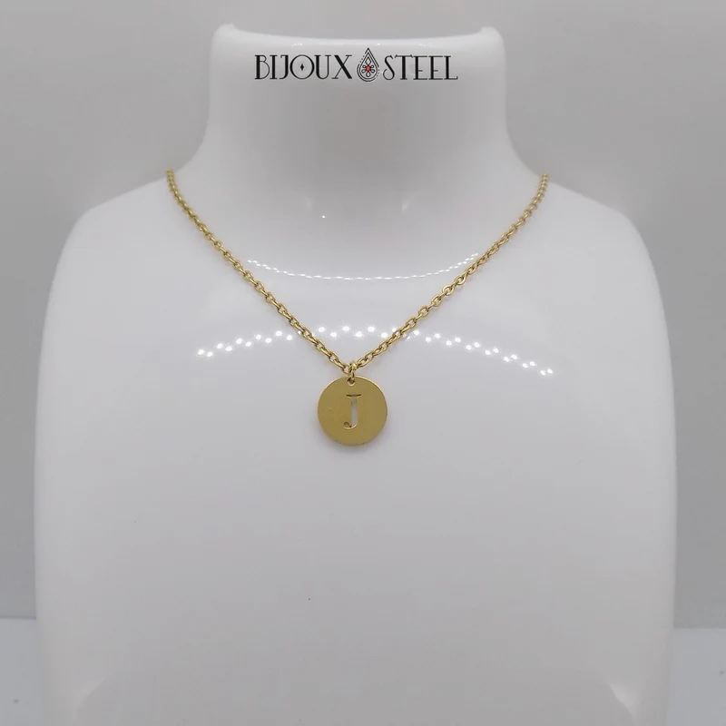 Collier médaille ronde lettre personnalisable en acier inoxydable