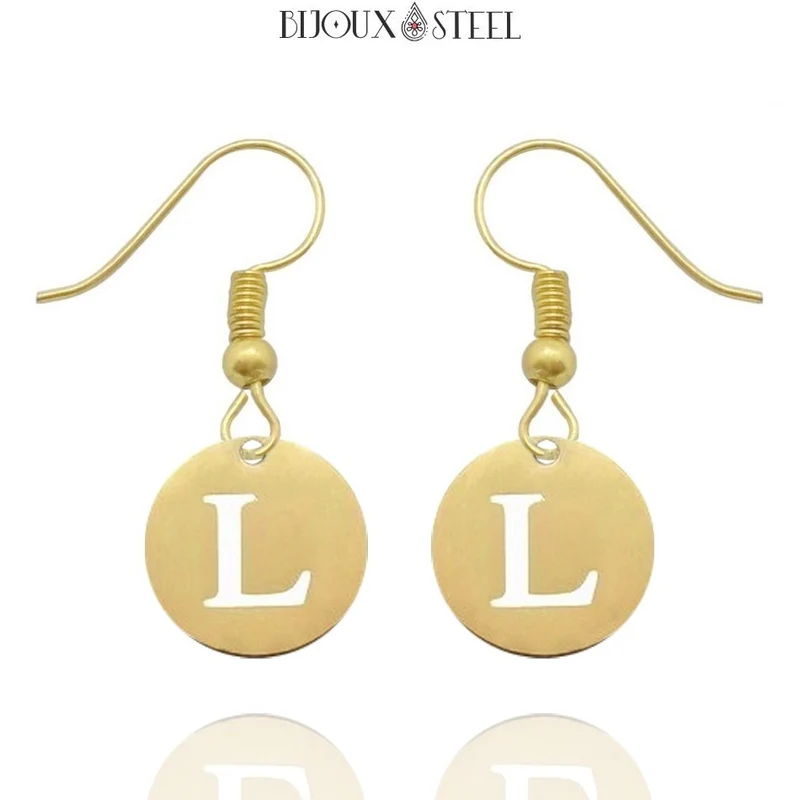 Boucles d'oreilles médailles pendantes à lettre personnalisable en acier inoxydable