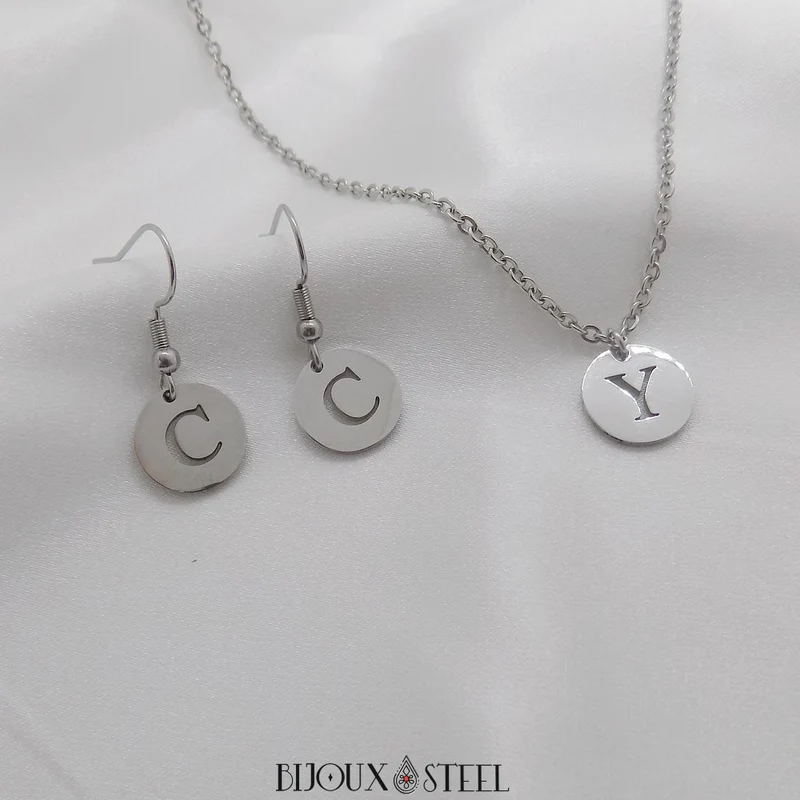 Boucles d'oreilles médailles pendantes à lettre personnalisable en acier inoxydable