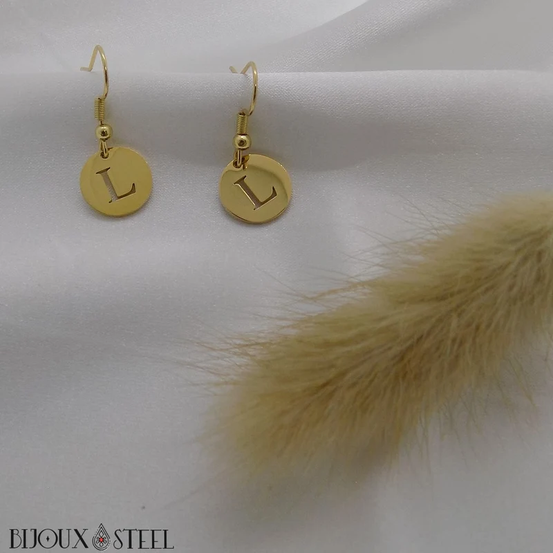 Boucles d'oreilles médailles pendantes à lettre personnalisable en acier inoxydable