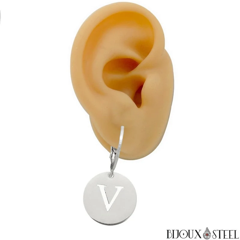 Boucles d'oreilles créoles à pendentifs lettre initiale en acier inoxydable