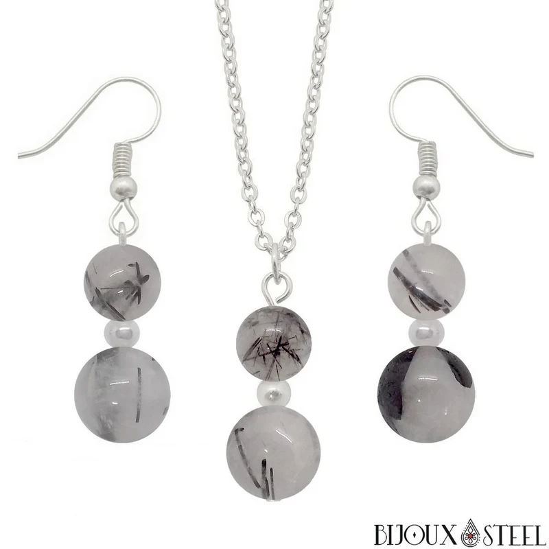 Parure quartz tourmaline en pierre naturelle et acier inoxydable