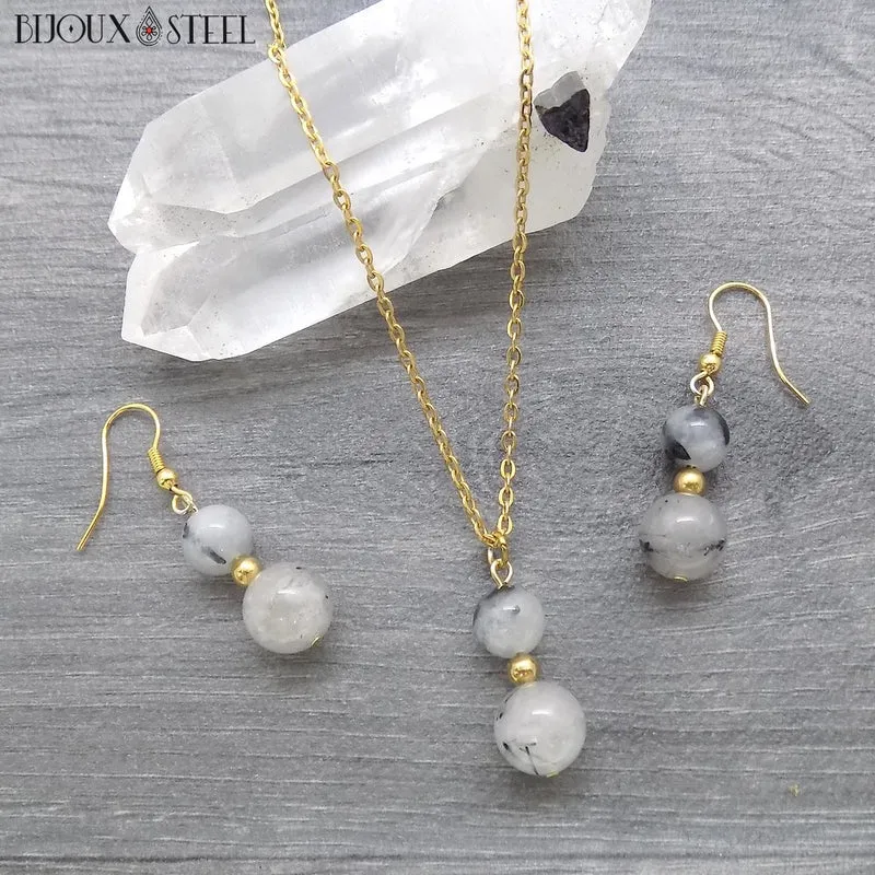 Parure quartz tourmaline en pierre naturelle et acier inoxydable