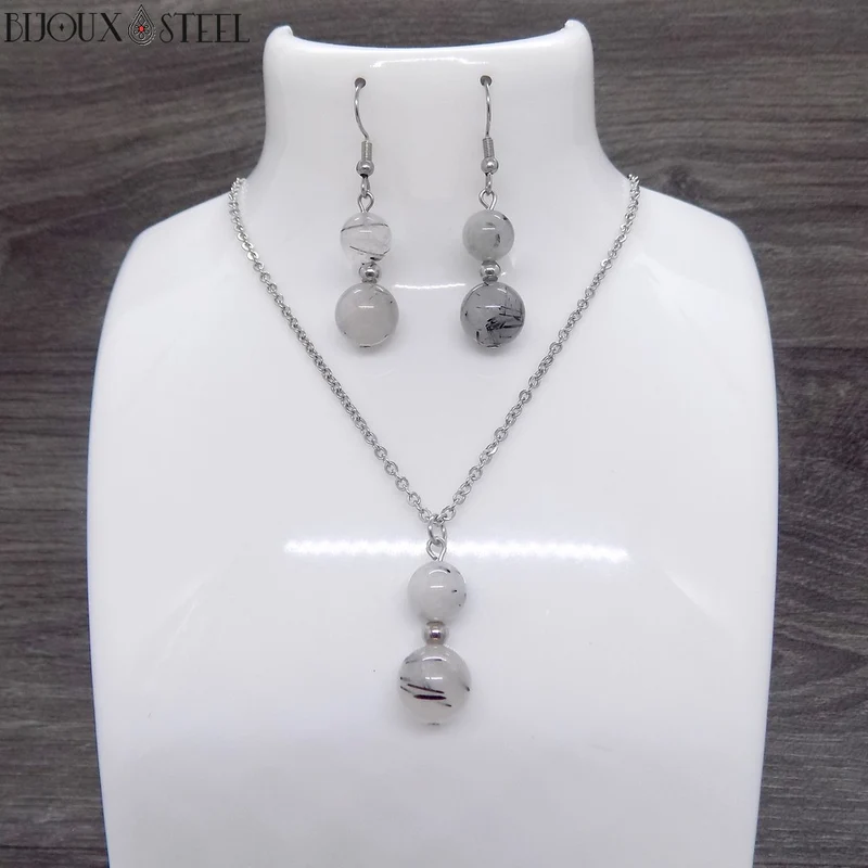 Parure quartz tourmaline en pierre naturelle et acier inoxydable