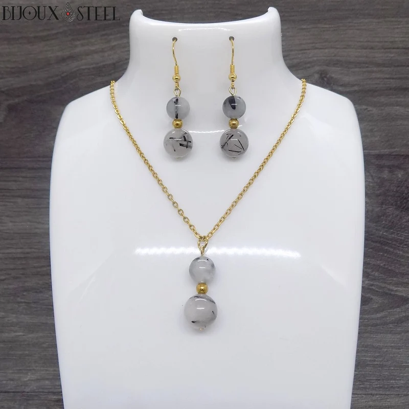 Parure quartz tourmaline en pierre naturelle et acier inoxydable