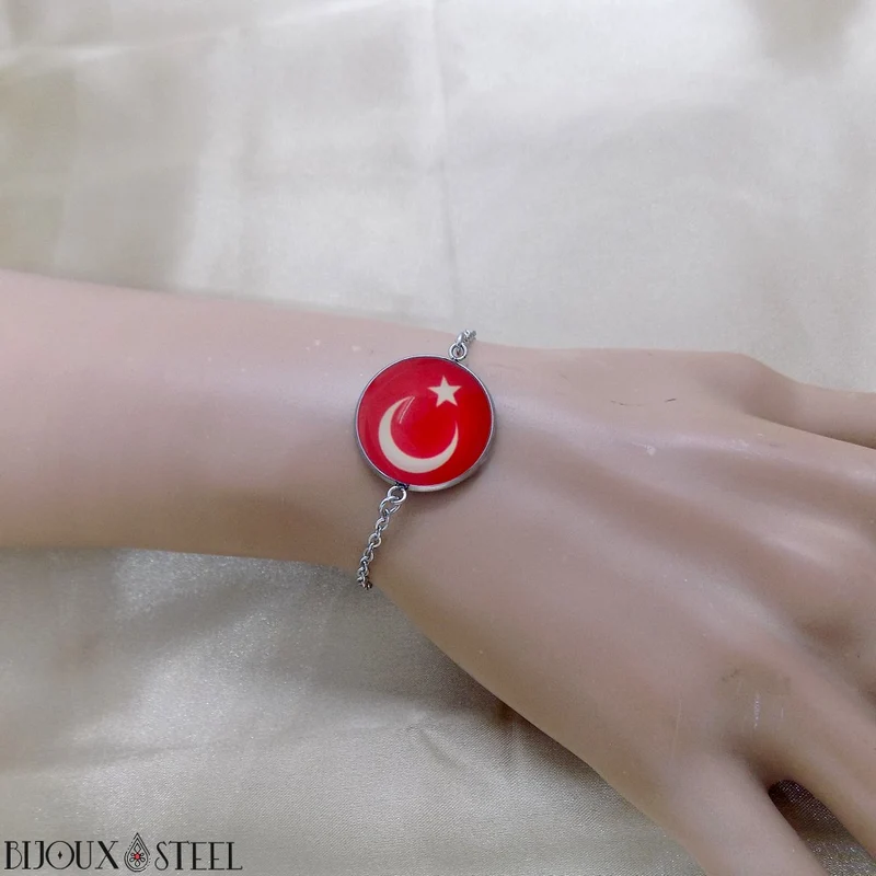 Bracelet femme drapeau de la Turquie en acier inoxydable