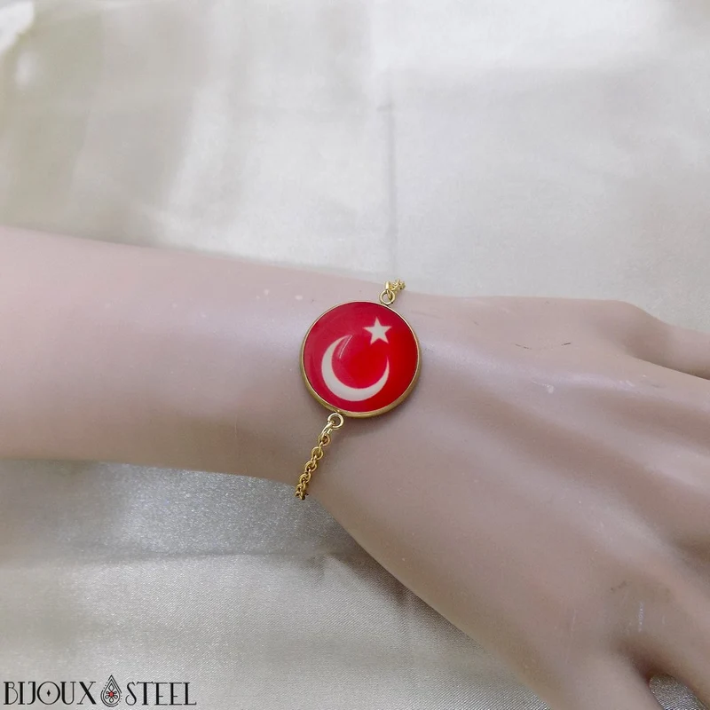 Bracelet femme drapeau de la Turquie en acier inoxydable