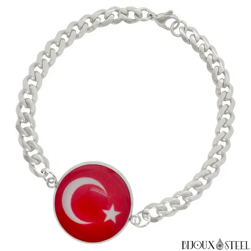 Bracelet homme maille cubaine drapeau de la Turquie en acier inoxydable