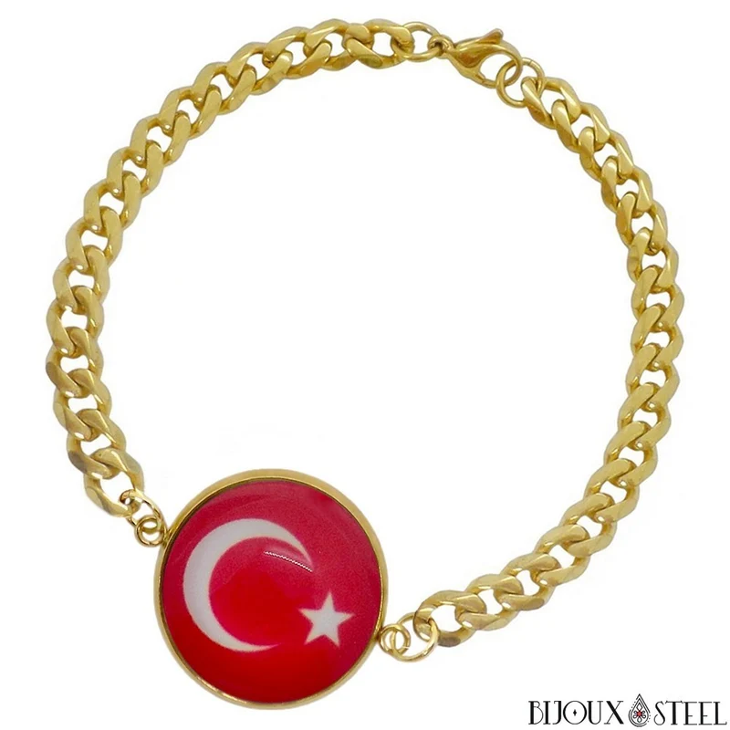 Bracelet homme maille cubaine drapeau de la Turquie en acier inoxydable