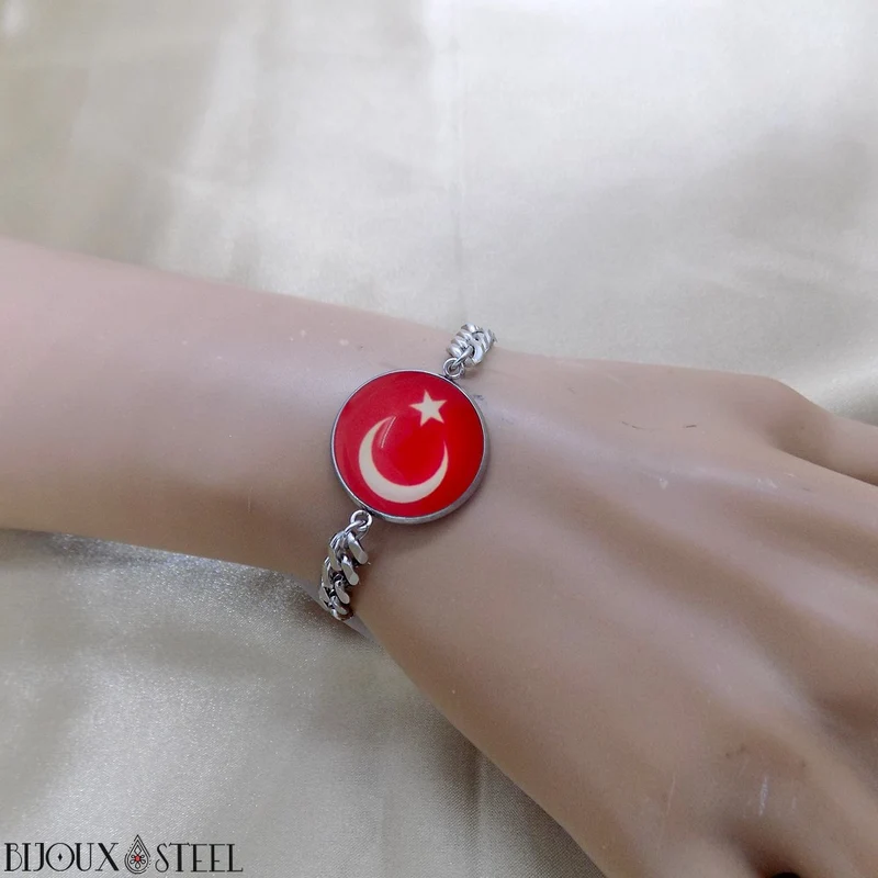 Bracelet homme maille cubaine drapeau de la Turquie en acier inoxydable