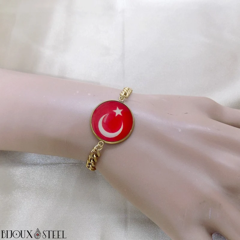Bracelet homme maille cubaine drapeau de la Turquie en acier inoxydable