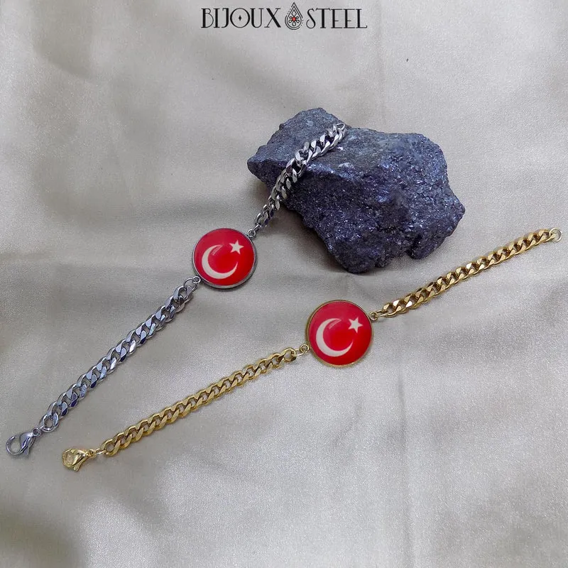 Bracelet homme maille cubaine drapeau de la Turquie en acier inoxydable