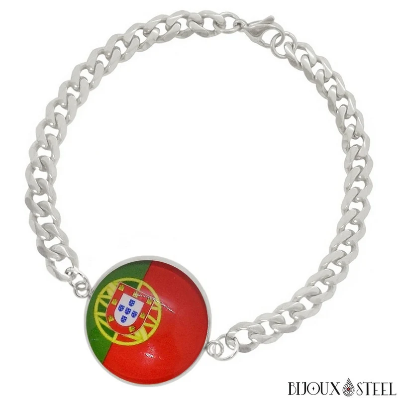 Bracelet homme maille cubaine drapeau du Portugal en acier inoxydable